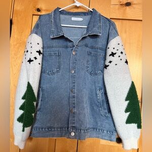 Nora Madison Denim Jacket with Festive Sweater Sleeves
